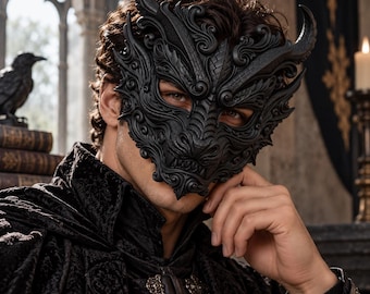 Gotisk drakemask, svart drakekostymmask, barock maskeradmask, mörk fantasy-cosplay, gotisk halloweenmask
