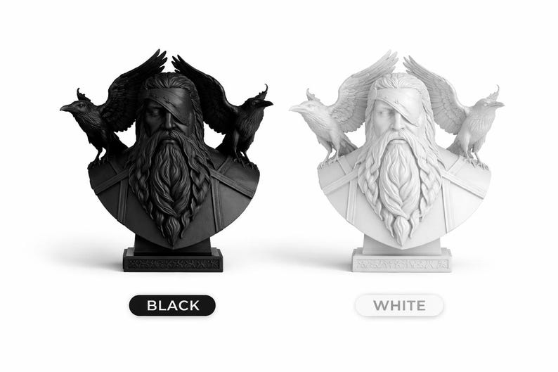 May include: A black and a white bust of a bearded figure with an eye patch, flanked by two ravens with outstretched wings. The busts are on a pedestal, with the word "BLACK" and "WHITE" below each.