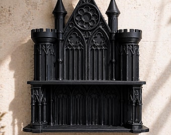 Vägghylla med gotisk katedral – slottsfasaddisplay, mörk akademisk dekor, svart gotisk väggkonst, mini-helgedomshylla, unik present