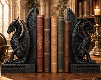 Bokstöd för katedraldrake, gotiska bokstöd, dekoration för fantasybokhylla, medeltida drakestaty, biblioteksdekor för mörk akademi, gåva för drake