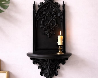 Wandplank met gotische boog, wanddecoratie kathedraal, zwarte gotische plank, decor Dark Academia, wandplank barok, 3D-geprinte kleine wandplank