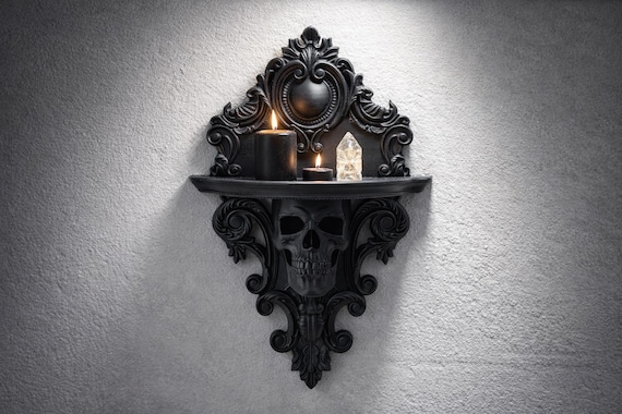 Baroque Skull Wall Shelf, Gothic Wall Decor, Small Floating Shelf, Dark Academia Decor, 3D Printed Gothic Shelf, Skull Wall Art