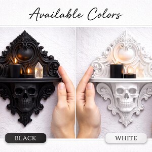 Estantería de pared con calavera barroca, decoración gótica de pared, estante flotante pequeño, decoración Dark Academia, estante gótico impreso en 3D, arte de pared con calaveras WHITE