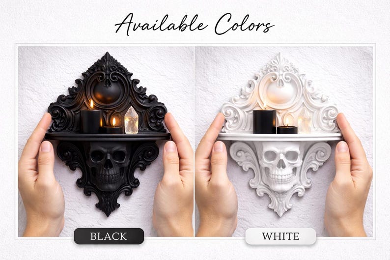 Estantería de pared con calavera barroca, decoración gótica de pared, estante flotante pequeño, decoración Dark Academia, estante gótico impreso en 3D, arte de pared con calaveras WHITE