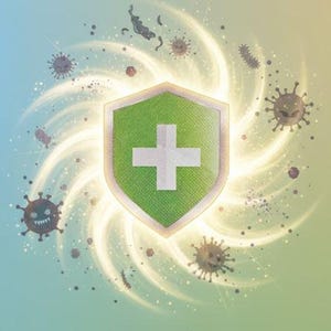 May include: An illustration with a green shield featuring a white cross, surrounded by swirling light and virus-like shapes. Text at the top reads "Bold Rulers: Your Daily Shield." The bottom text says "Immunity, Defend & Thrive."