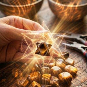 May include: A hand holding a star-shaped pendant with a tiger's eye stone at its center, radiating golden light. The pendant is surrounded by a geometric design. Several tiger's eye stones are scattered below, with tools and bowls in the background.