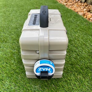 May include: A beige, rectangular box with a black handle and the word "STILEBOX" printed on it. A blue and white container with the word "ZYN" is attached to the front of the box. The box is on green grass.