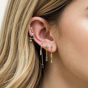 Navy Blue Celestial Ear Stack Set • Gold Star and Moon Dangle Earrings • Midnight Blue Planet Studs • Chain Helix Piercing Jewelry Mom Gift