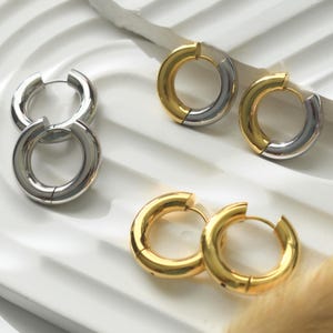 Gold Silver Hoop Earrings, Thick Huggie Style (20-30mm) Heavy Solid Gift for Her Small Huggies for Stacking Elegant Bold Earring Set Classic