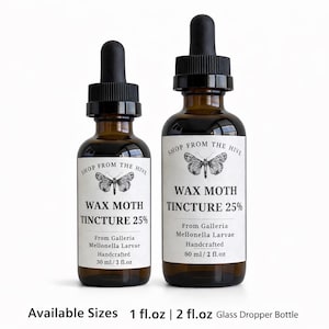 May include: Two amber glass dropper bottles with black caps and white labels. The labels feature a moth illustration and text reading SHOP FROM THE HIVE, WAX MOTH TINCTURE 25%, From Galleria Mellonella Larvae, Handcrafted, 30 ml / 1 fl.oz and 60 ml / 2 fl.oz.