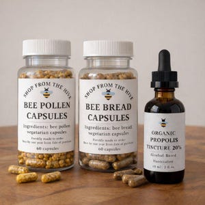 Startpaket med biprodukter – Traditionellt bihälsopaket, 60 kapslar med bipollen och bibröd, 60 ml propolistinktur