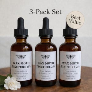 May include: Three amber glass bottles with black droppers, labeled "WAX MOTH TINCTURE 25%." Each bottle has a white label with a butterfly illustration. The bottles are part of a "3-Pack Set" and marked as "Best Value."