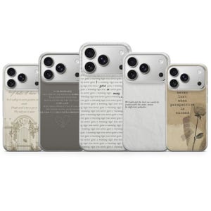 May include: A collection of five phone cases with various designs. One case features a floral gate design, another has text about being depressed, and a third displays a list of phrases. The remaining two cases have text about love and perspective. The cases are clear with a white or gray background.