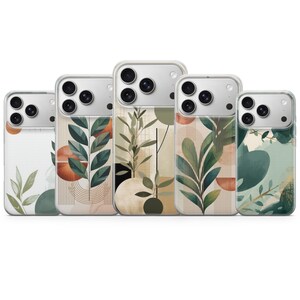 May include: Five phone cases with abstract botanical designs. Each case features a different pattern of leaves, geometric shapes, and color palettes including green, orange, and beige. The cases are made of clear plastic and have a camera cutout.