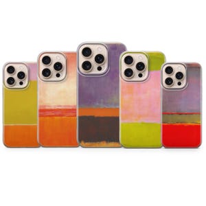 May include: A collection of five phone cases with abstract art designs. Each case features a different color palette, including orange, purple, pink, and green. The cases have a clear border and a camera cutout.