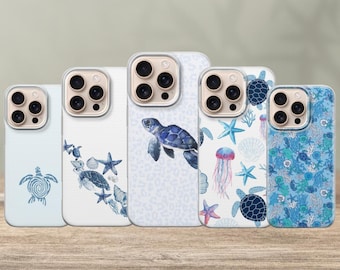 Mobilskal med havssköldpadda och vattendjur för iPhone 17 Pro Max, 16e, 15, 14, 13 och Samsung S25 Ultra, S24 FE, A56, A16, Pixel 10 XL, 9a, 8, 7