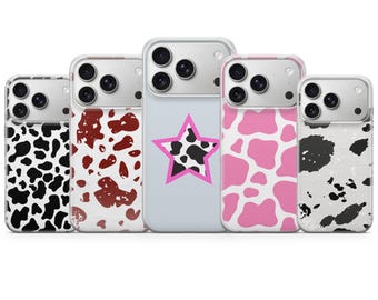 アニマルプリントのスマホケース（牛柄）iPhone 17 Pro Max、16e、15、14、13、Samsung S26 Ultra、S25 FE、A57、A56、Pixel 10、9A対応