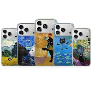 Funda para teléfono con diseño de Van Gogh y parodia de meme de gato para iPhone 17 Pro Max, 16e, 15, 14, 13, Samsung S26 Ultra, S25 FE, A57, A56, Pixel 10, 9A