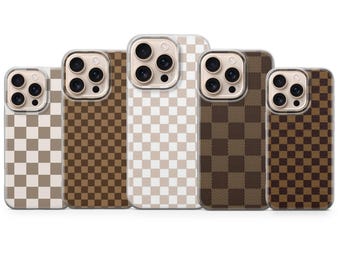 Brown Beige Phone Case Checkered Cover for iPhone 17 Pro Max 16e 15 14 13,Samsung S25 Ultra S24 FE A56 A16,Pixel 10 XL 9a 8 7