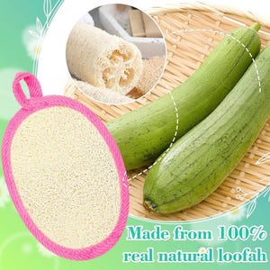 May include: An oval loofah sponge with a pink trim and handle, next to two green loofah gourds. The image also shows a cut loofah and text that reads "Made from 100% real natural loofah."