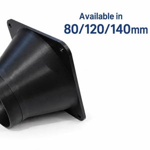 May include: A black plastic fan duct adapter with a square mounting flange featuring four corner screw holes and a circular outlet. The text "Available in 80/120/140mm" is printed in blue next to the component, indicating the available size options.
