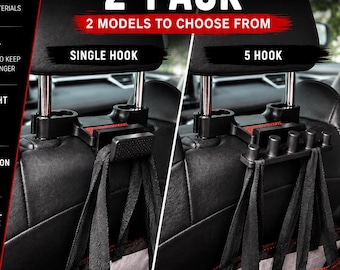 Car Headrest Hook Organizer | Car Seat Bag Holder | Vehicle Storage Hook | Shopping Bag Hanger | 2 Pack | Single or 5 Hook