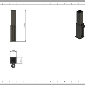 May include: Technical drawing of a dark gray, rectangular object with a crank and a screw mechanism. The object is 115 mm tall and 23 mm wide. The drawing includes top and side views with measurements.