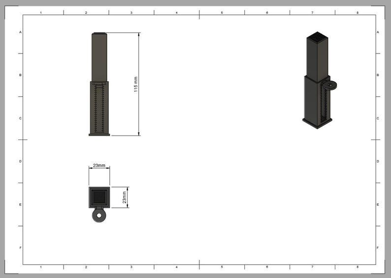 May include: Technical drawing of a dark gray, rectangular object with a crank and a screw mechanism. The object is 115 mm tall and 23 mm wide. The drawing includes top and side views with measurements.