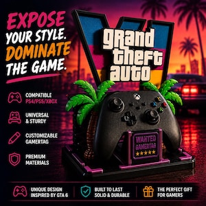Peut inclure: Un support de manette de jeu noir avec le logo Grand Theft Auto V, des accents de palmiers et un affichage de gamertag personnalisable. Le support inclut le texte Expose your style. Dominate the game, compatible avec PS4, PS5 et Xbox.