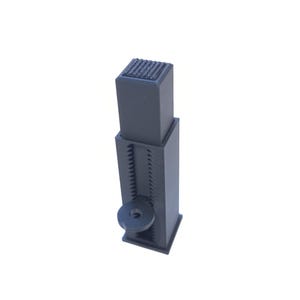 May include: A black adjustable furniture leg with a textured top and a circular adjustment knob. The leg has a square base and a series of teeth for height adjustment. The overall height is adjustable.