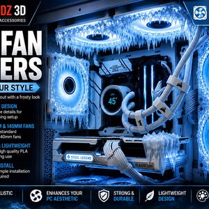May include: Voxel Modz 3D Icy Fan Covers for PC cooling fans. These white, 3D-printed accessories feature realistic icicle details and blue LED lighting. They are designed to fit standard 120mm and 140mm fans, adding a frozen aesthetic to computer builds.