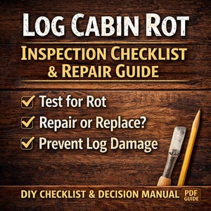 Puede incluir: Sobre un fondo de madera, el texto "LOG CABIN ROT INSPECTION CHECKLIST & REPAIR GUIDE". La lista de verificación incluye "Test for Rot", "Repair or Replace?" y "Prevent Log Damage". También se ven un cincel y un lápiz.