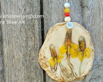 Triple Yellow Coneflower Handmade Clay Ornament by Jodene SHaw