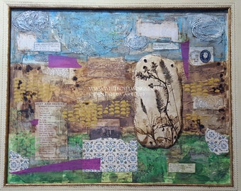 Western Mixed Media Collage: Alfalfa & Grass Impression, Framed Canvas Art