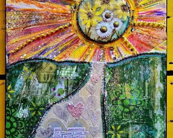 Sunshine Path Mixed Media Assemblage and Collage on Canvas by Jodene Shaw