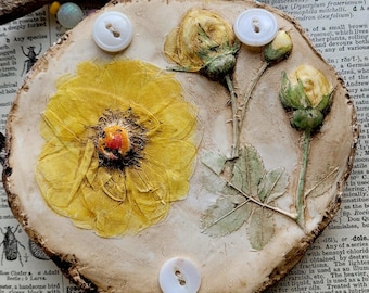 Wild Yellow Rose Bloom and Buds Handmade Clay Ornament