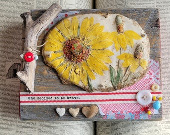 She Decided to Be Brave Clay Sunflower Mixed Media Art