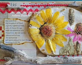 No Worries Sunflower Plus Bible Verse Assemblage Art by Jodene Shaw on Rustic Wood