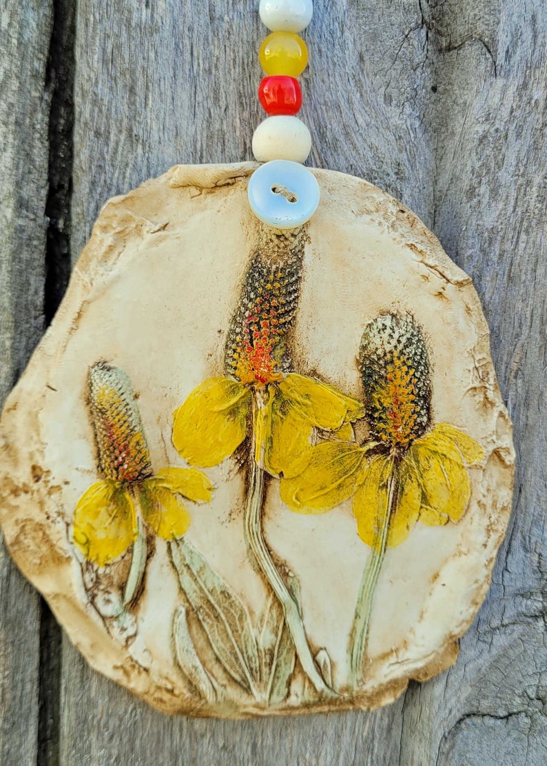 Triple Yellow Coneflower Handmade Clay Ornament by Jodene SHaw image 2