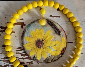 All Yellow Circle Sunflower Windspinner Mobile with Sunflower casting in clay by Jodene Shaw