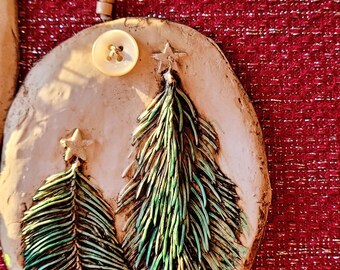 Two Spruce Christmas Tree clay Ornaments handmade by Jodene Shaw