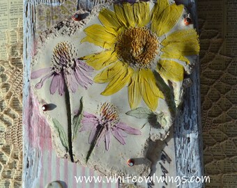 Pink Lemonade: Sunflowers and Pink Echinacea flowers in clay on rustic wood art by Jodene Shaw