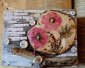Wild Roses Clay Art: Mixed Media Assemblage on Rustic Wood