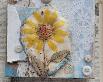 Sunflower Clay Relief Art: Rustic Wood Decor