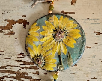 Sunflower Turquoise Circle Clay Floral Cast Ornament