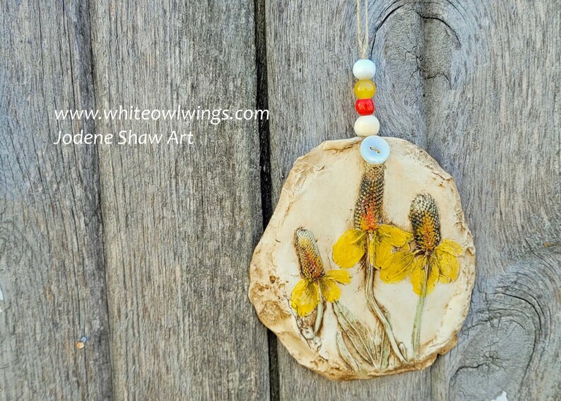 Triple Yellow Coneflower Handmade Clay Ornament by Jodene SHaw image 1