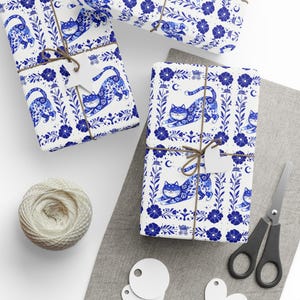 Blue Delft Floral Cat Wrapping Paper | Roll