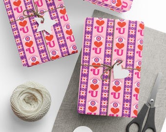 Hearts and Flowers Pattern Wrapping Paper | Pink Valentine Gift Wrap