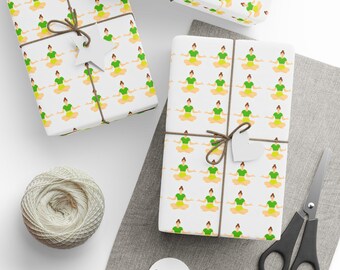 Retro Yellow Yoga, Flower Pattern Wrapping Paper | Yoga Gift Wrap Roll