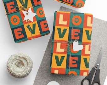 Retro LO VE Pattern Wrapping Paper | Bold Geometric Gift Wrap